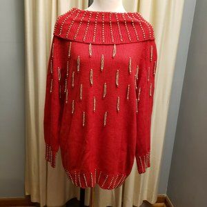 Vintage Marshall-Rousso LAS VEGAS Beaded Bling Sweater Red Over-sized Medium NWT